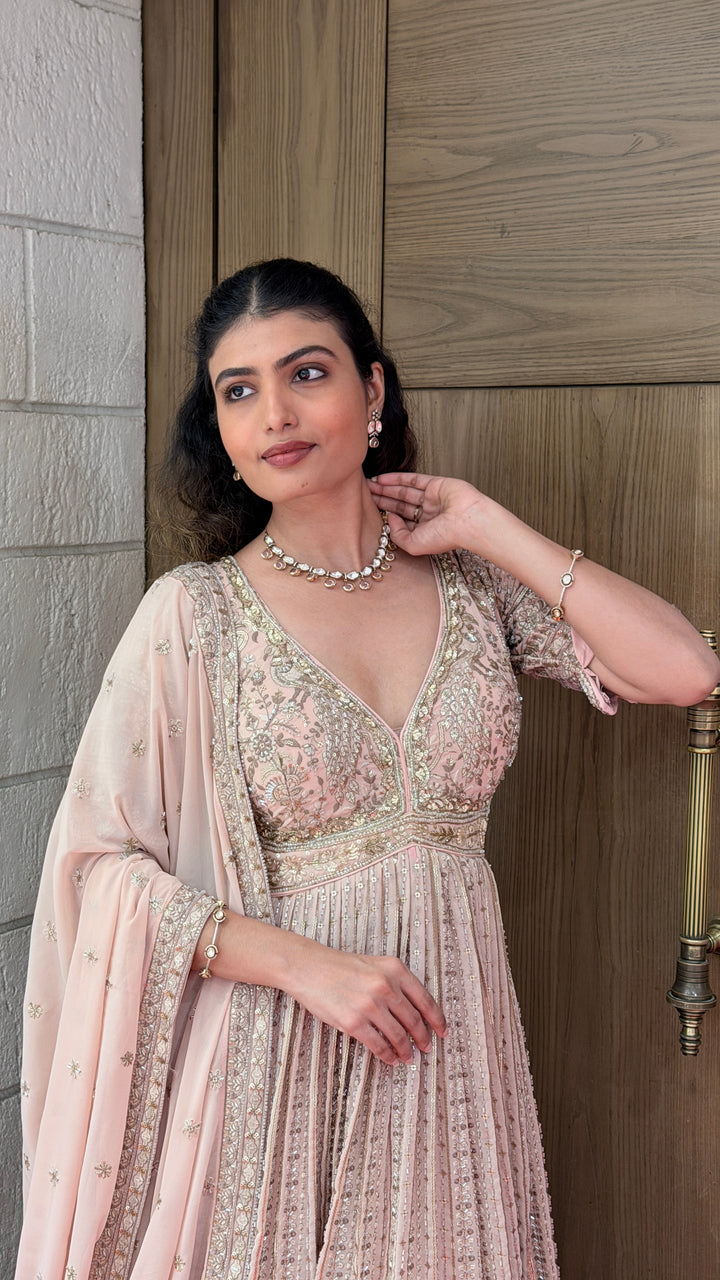 Blush Pink Heavy Embroidered Anarkali Gown with Elegant Dupatta