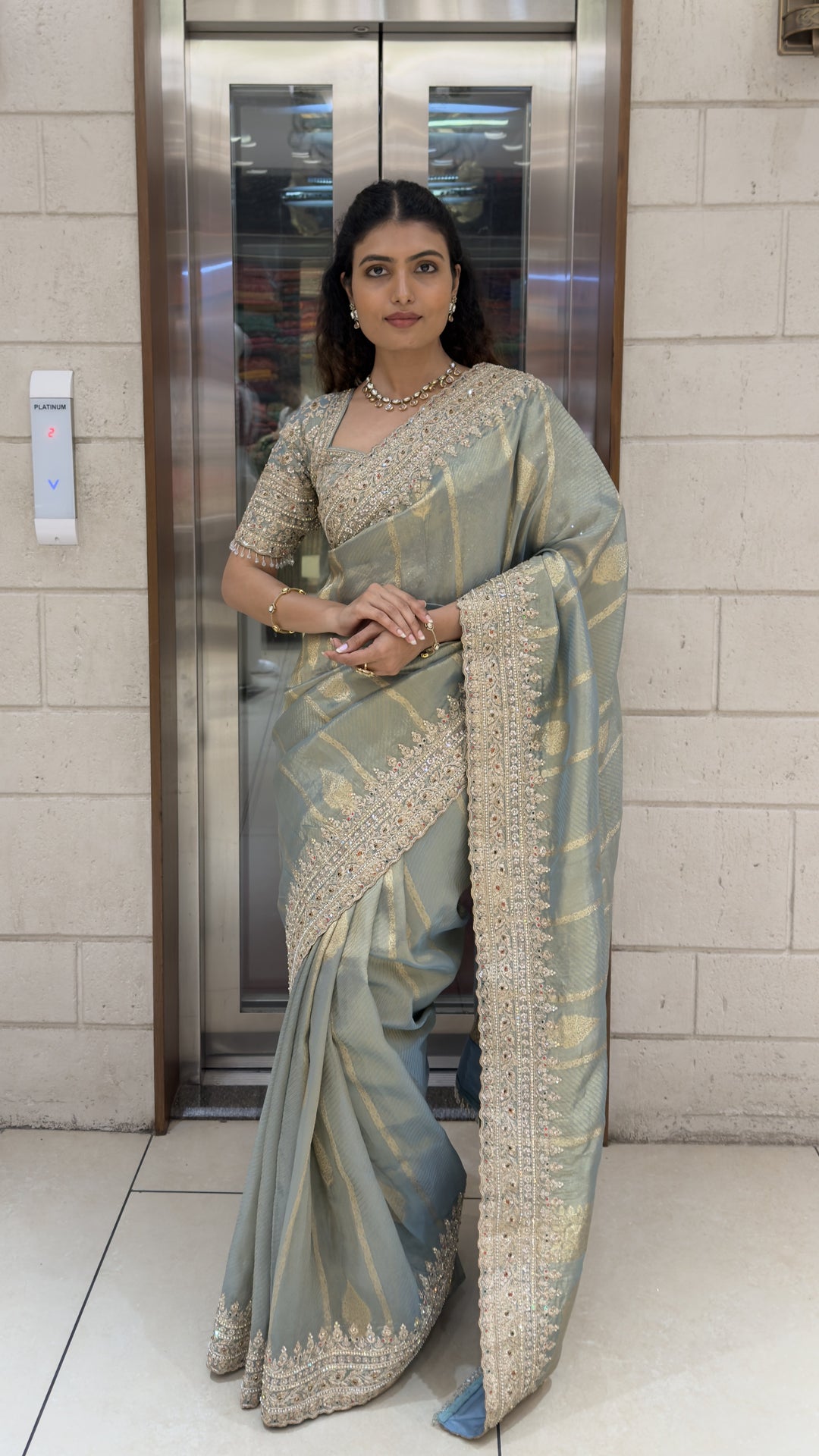 Sage Green Designer Weaving Saree with Zari Stripes & Hand Embellished Border