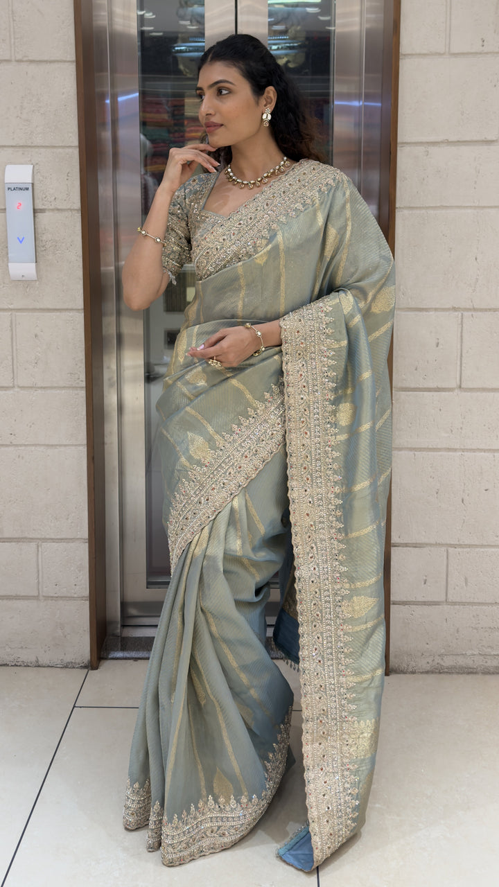 Sage Green Designer Weaving Saree with Zari Stripes & Hand Embellished Border