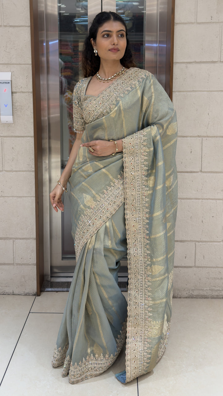 Sage Green Designer Weaving Saree with Zari Stripes & Hand Embellished Border