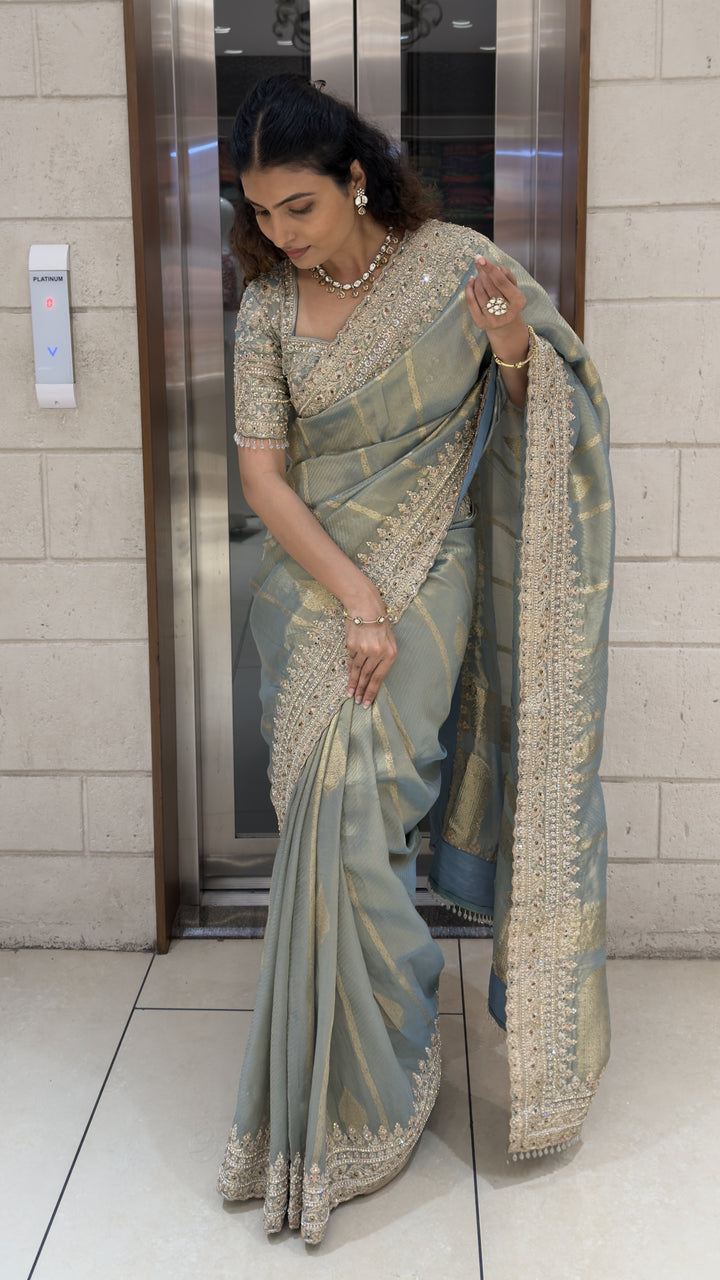 Sage Green Designer Weaving Saree with Zari Stripes & Hand Embellished Border