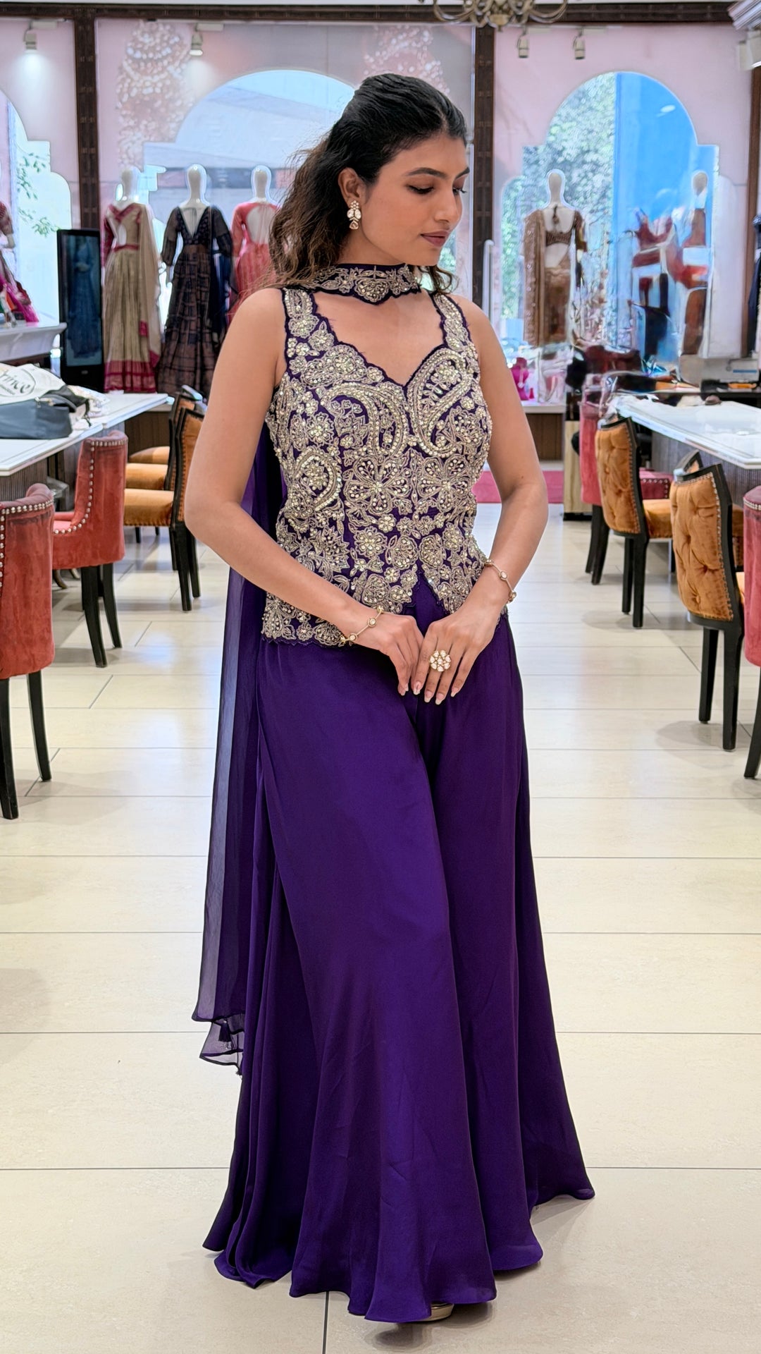 Royal Purple Embroidered Indo-Western Palazzo Set with Cape Dupatta