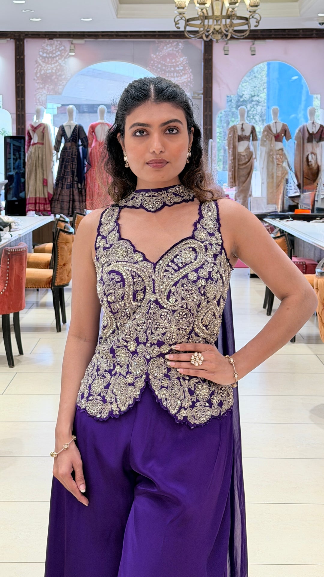 Royal Purple Embroidered Indo-Western Palazzo Set with Cape Dupatta