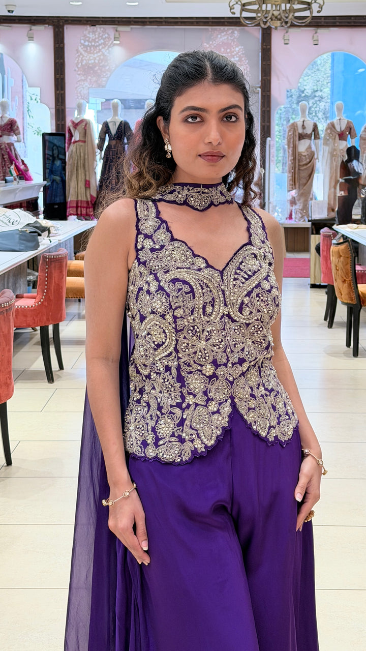 Royal Purple Embroidered Indo-Western Palazzo Set with Cape Dupatta