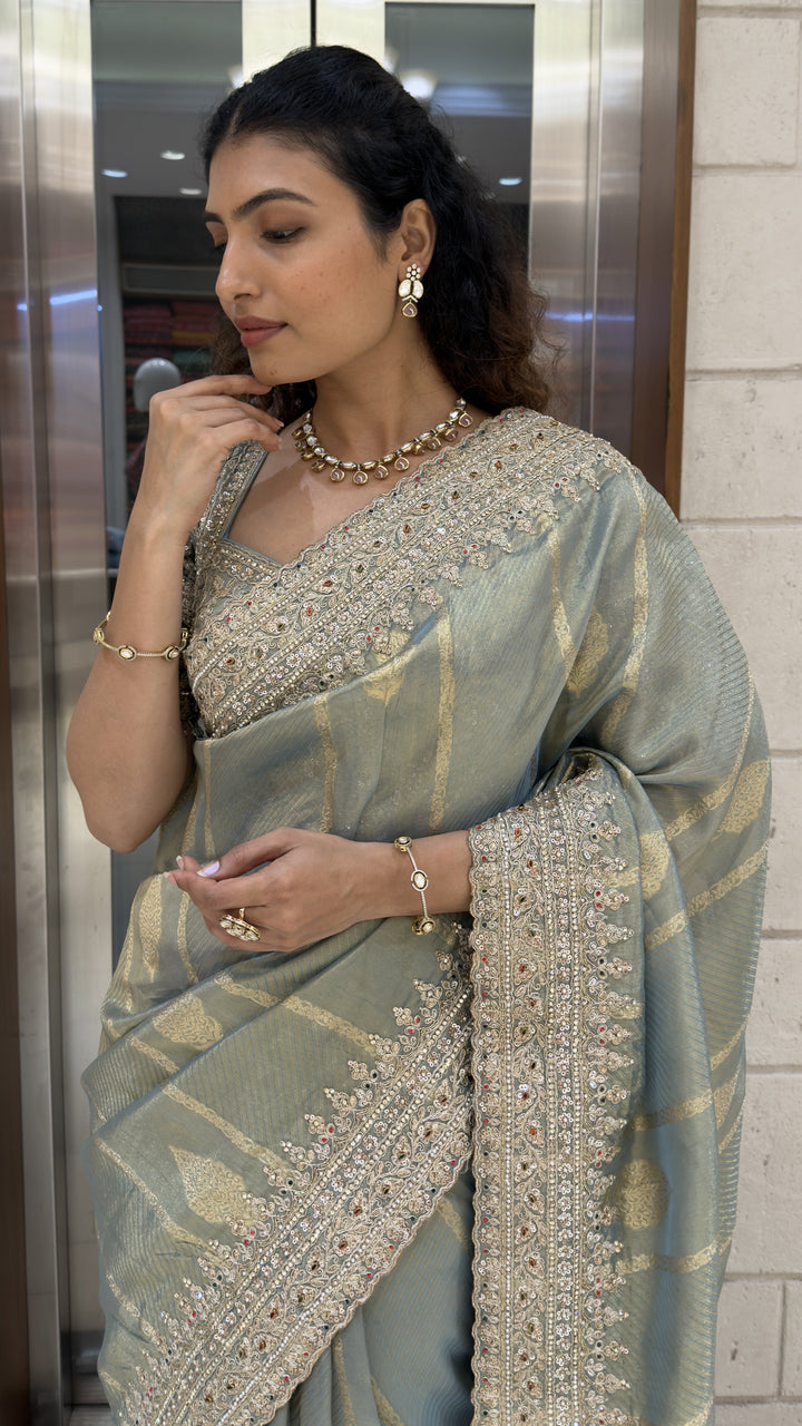 Sage Green Designer Weaving Saree with Zari Stripes & Hand Embellished Border