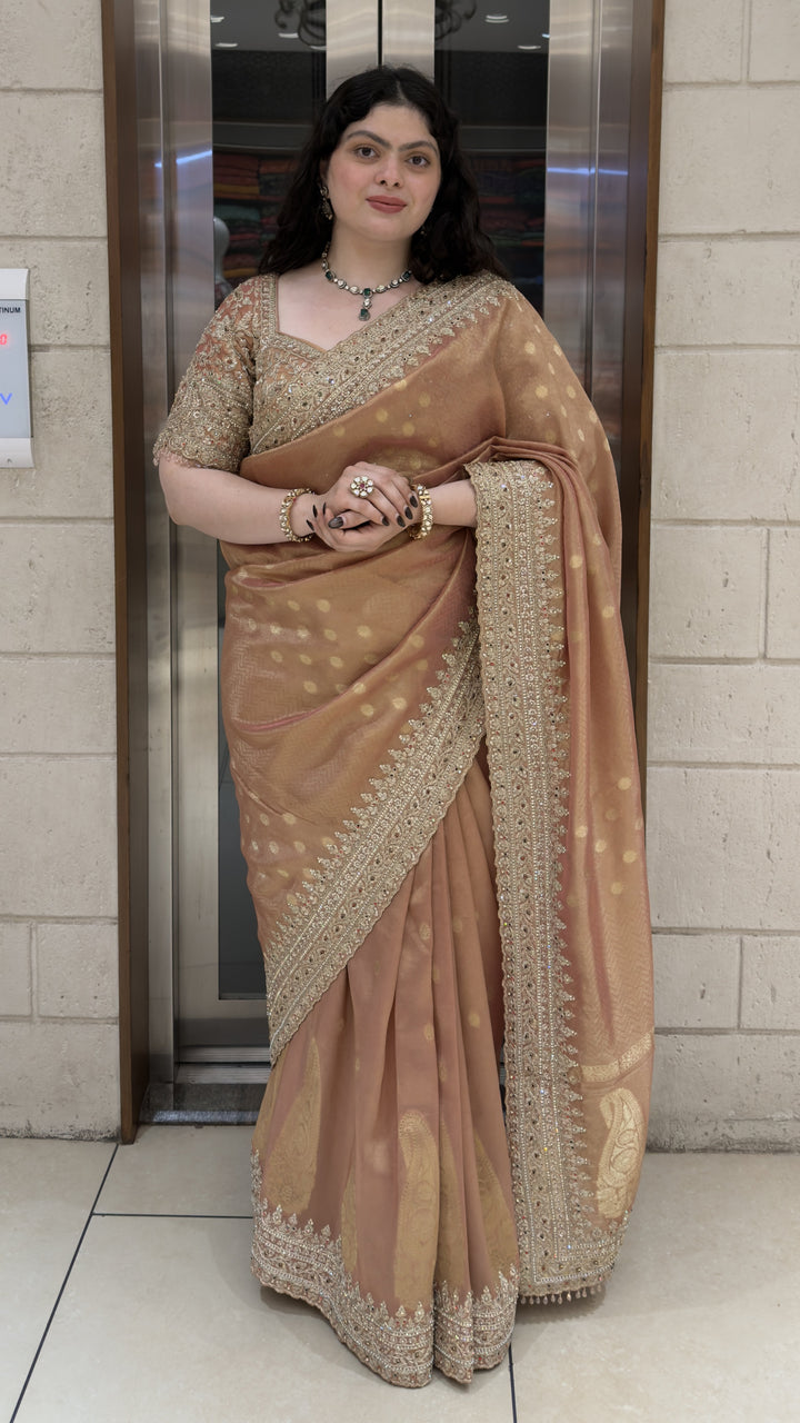Dusty Rose Designer Weaving Saree with Zari Butti & Hand Embellished Border