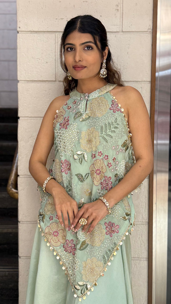 Mint Green Floral Embroidered Indo-Western Palazzo Set with Halter Neck Top