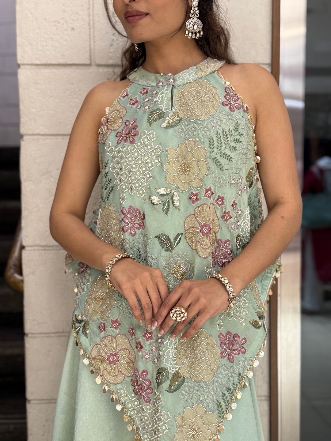 Mint Green Floral Embroidered Indo-Western Palazzo Set with Halter Neck Top