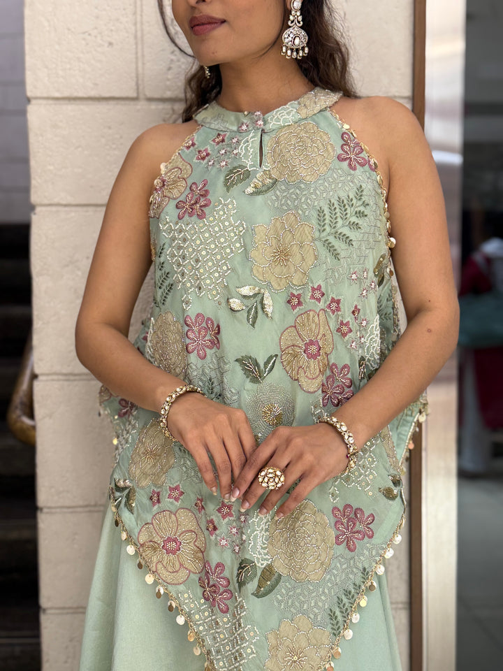 Mint Green Floral Embroidered Indo-Western Palazzo Set with Halter Neck Top
