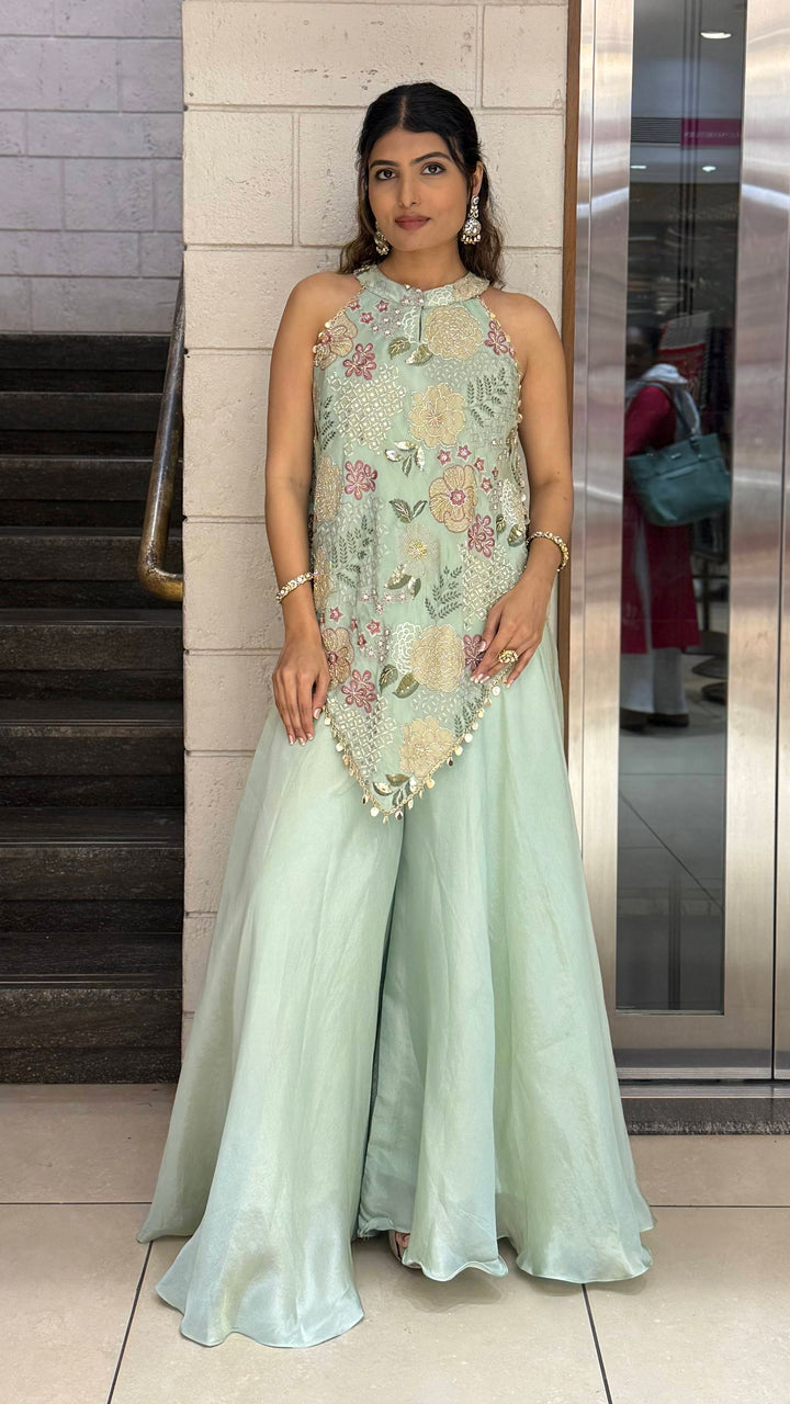 Mint Green Floral Embroidered Indo-Western Palazzo Set with Halter Neck Top