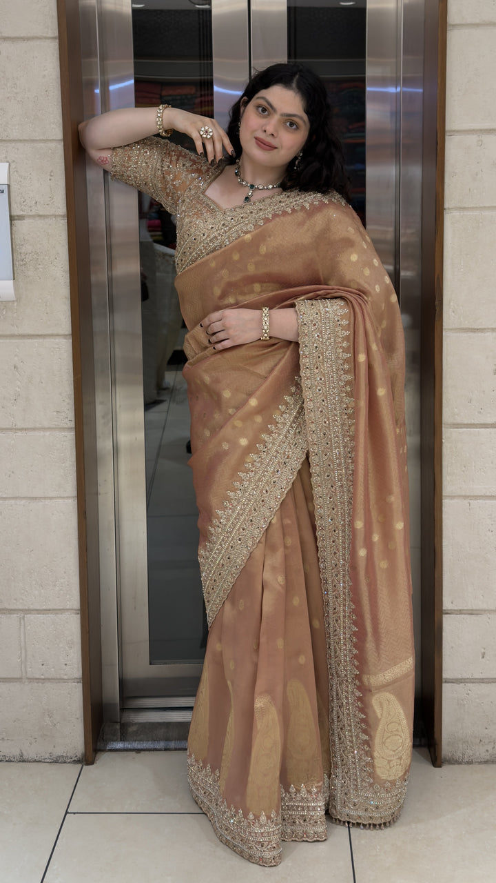 Dusty Rose Designer Weaving Saree with Zari Butti & Hand Embellished Border