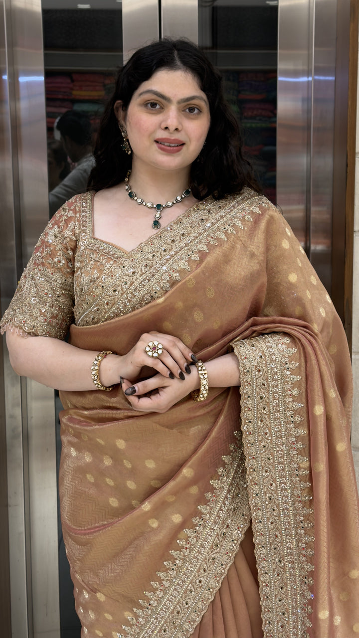 Dusty Rose Designer Weaving Saree with Zari Butti & Hand Embellished Border