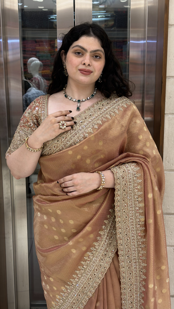Dusty Rose Designer Weaving Saree with Zari Butti & Hand Embellished Border