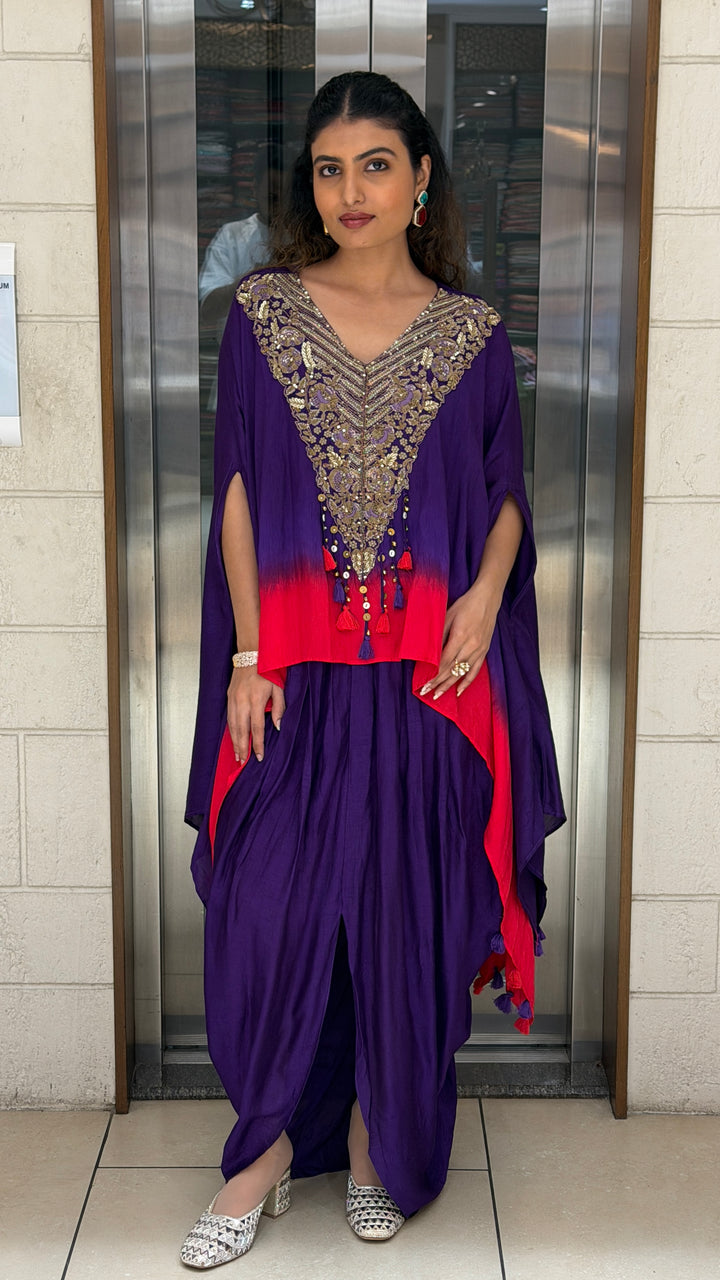 Royal Purple Embroidered Kaftan Dhoti Set