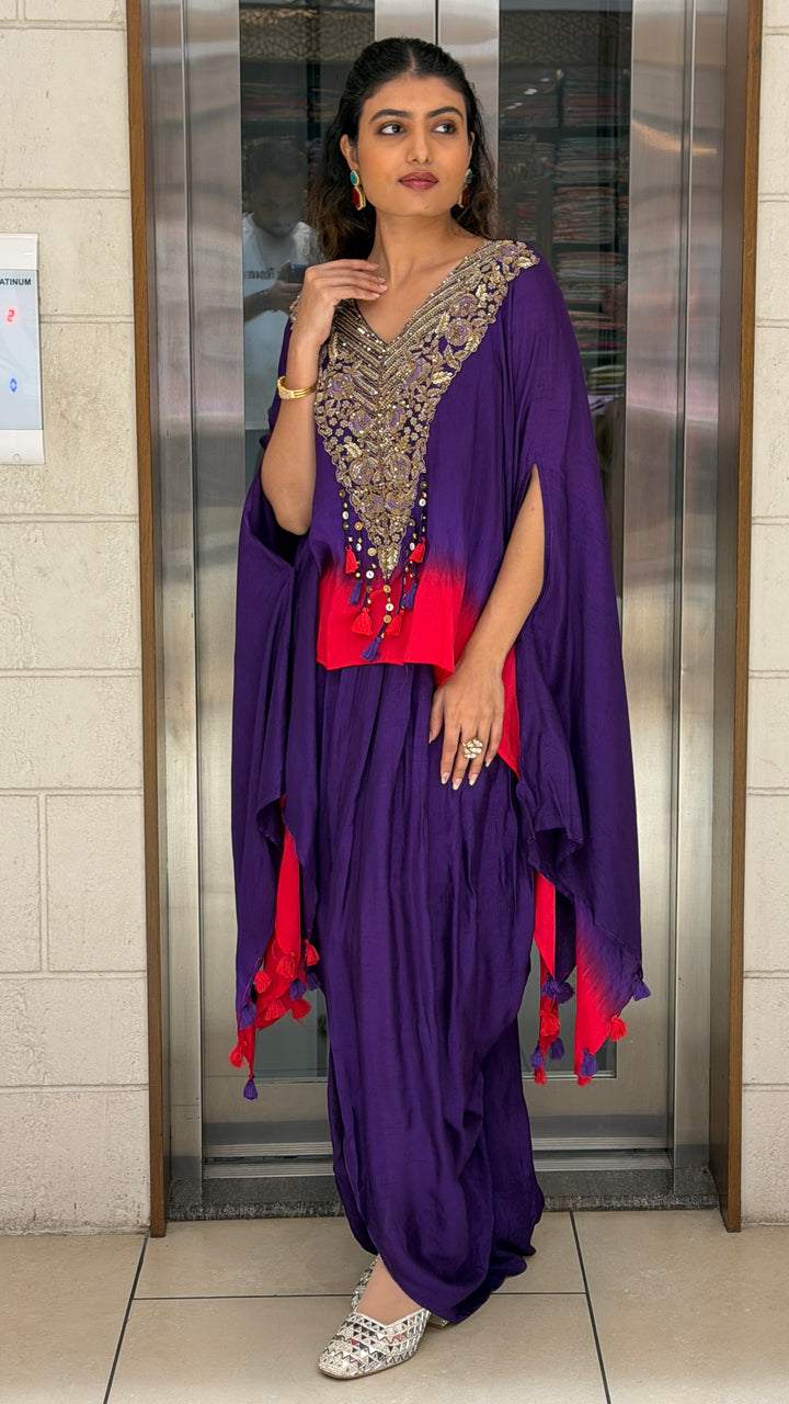 Royal Purple Embroidered Kaftan Dhoti Set