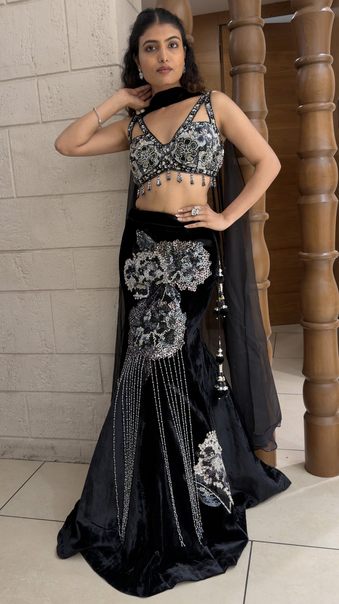 Midnight Black Velvet Designer Lehenga Set with Sequin Embellished Blouse