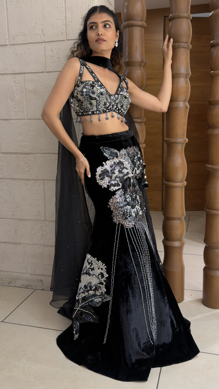 Midnight Black Velvet Designer Lehenga Set with Sequin Embellished Blouse