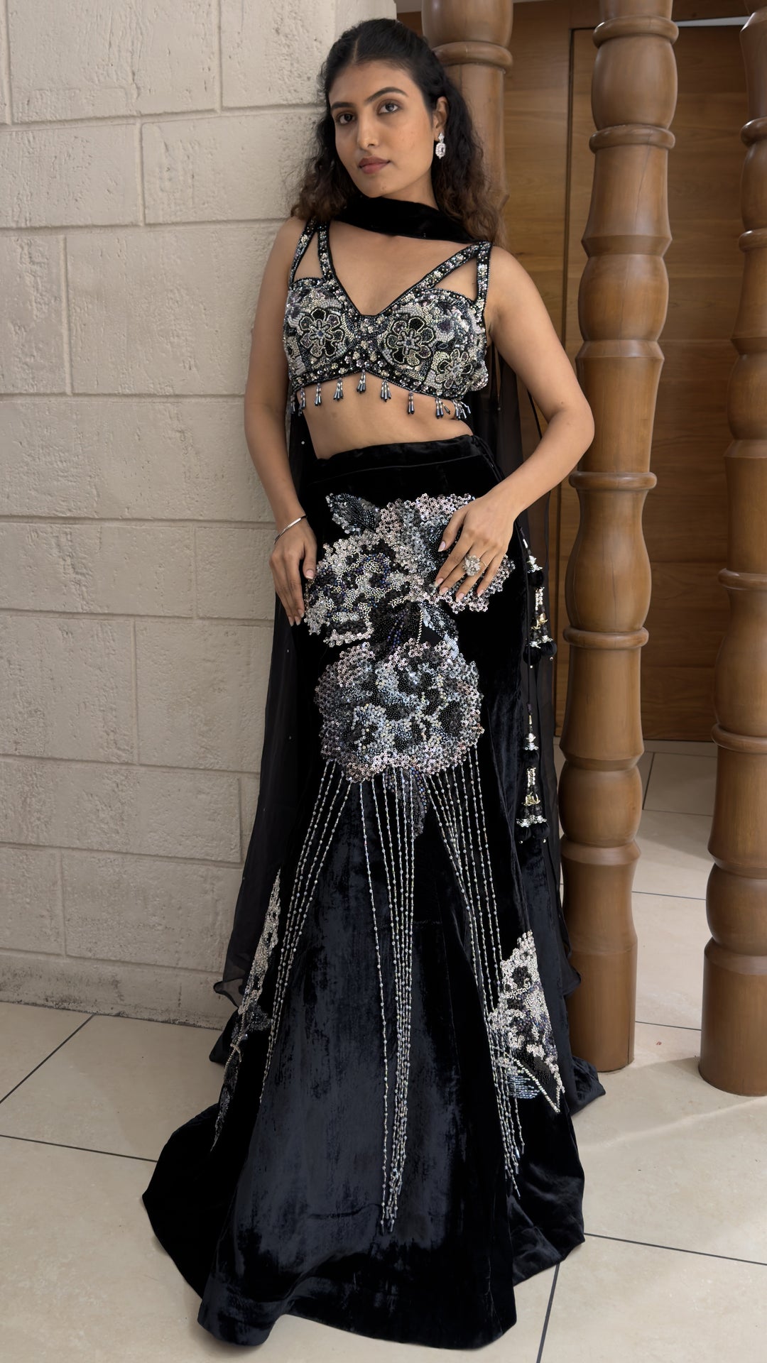 Midnight Black Velvet Designer Lehenga Set with Sequin Embellished Blouse