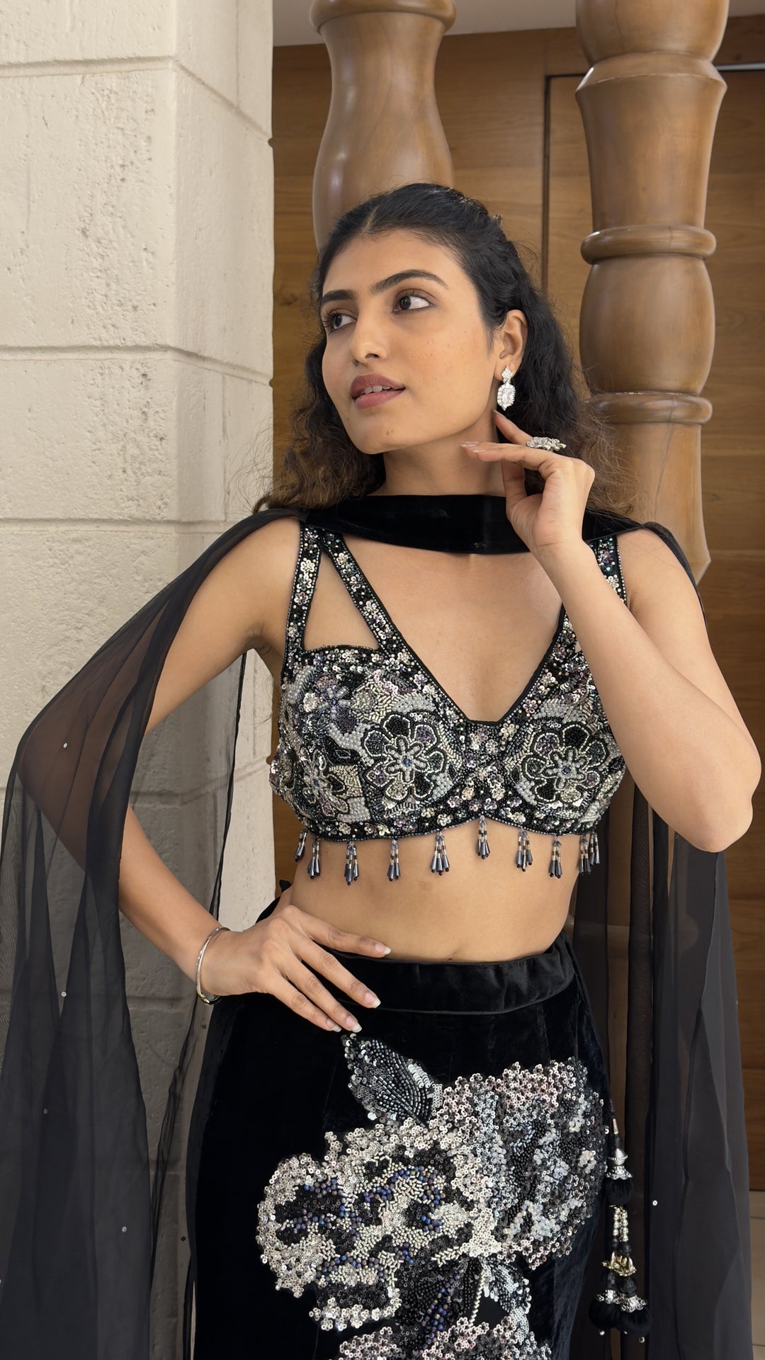 Midnight Black Velvet Designer Lehenga Set with Sequin Embellished Blouse