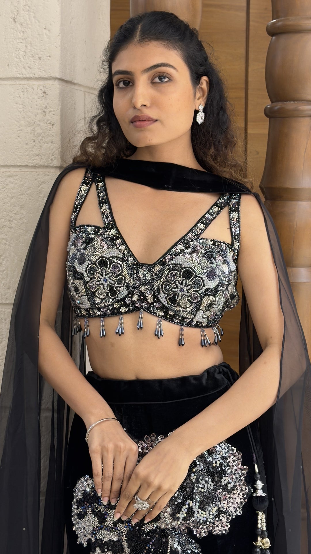Midnight Black Velvet Designer Lehenga Set with Sequin Embellished Blouse