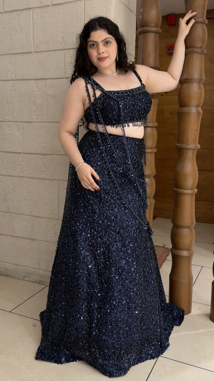 Midnight Navy Blue Designer Sequins Lehenga Choli Set with Beaded Tassel Detailing
