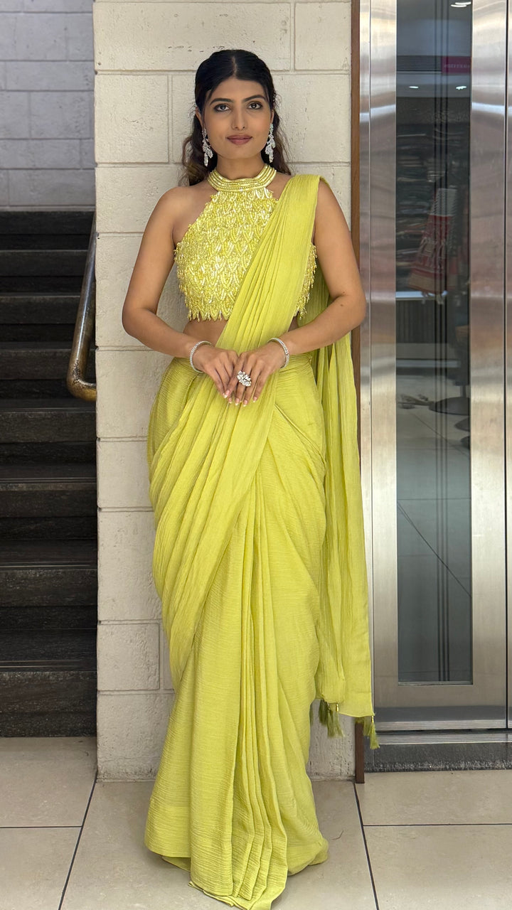 Lime Yellow Crinkle Pre-Draped Saree with Hand-Embroidered Halter Neck Blouse