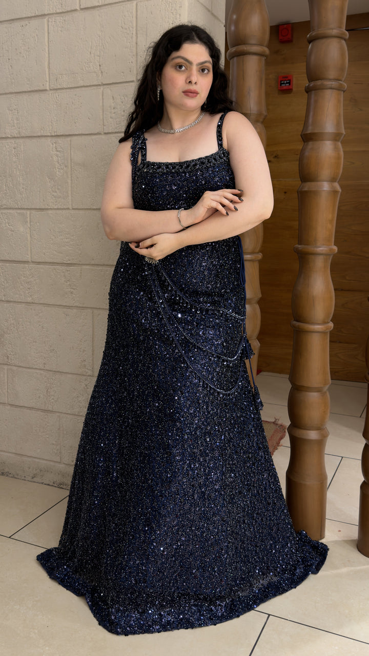 Midnight Navy Blue Designer Sequins Lehenga Choli Set with Beaded Tassel Detailing