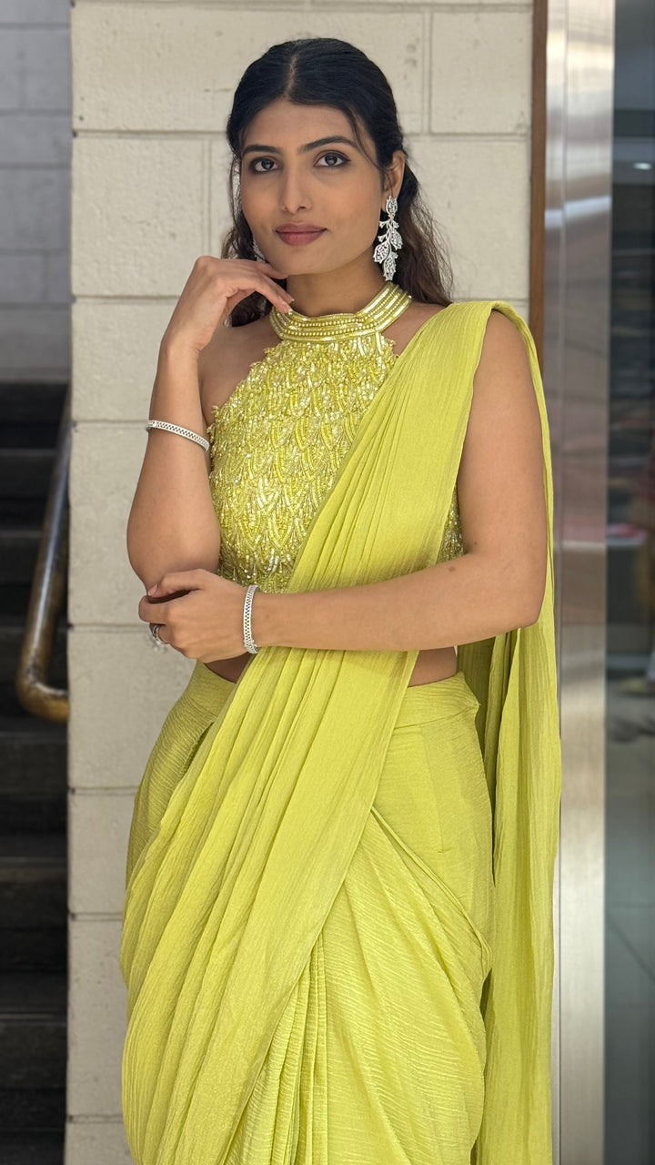 Lime Yellow Crinkle Pre-Draped Saree with Hand-Embroidered Halter Neck Blouse