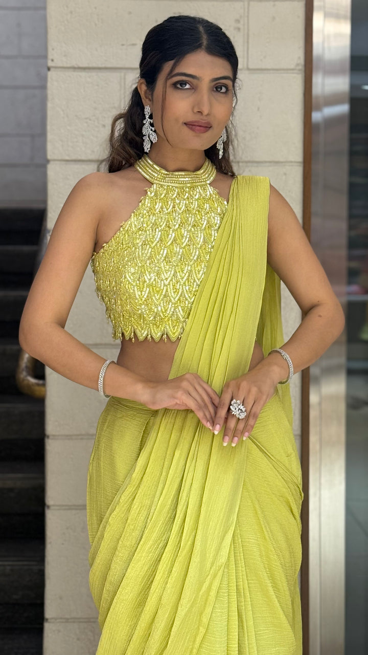 Lime Yellow Crinkle Pre-Draped Saree with Hand-Embroidered Halter Neck Blouse