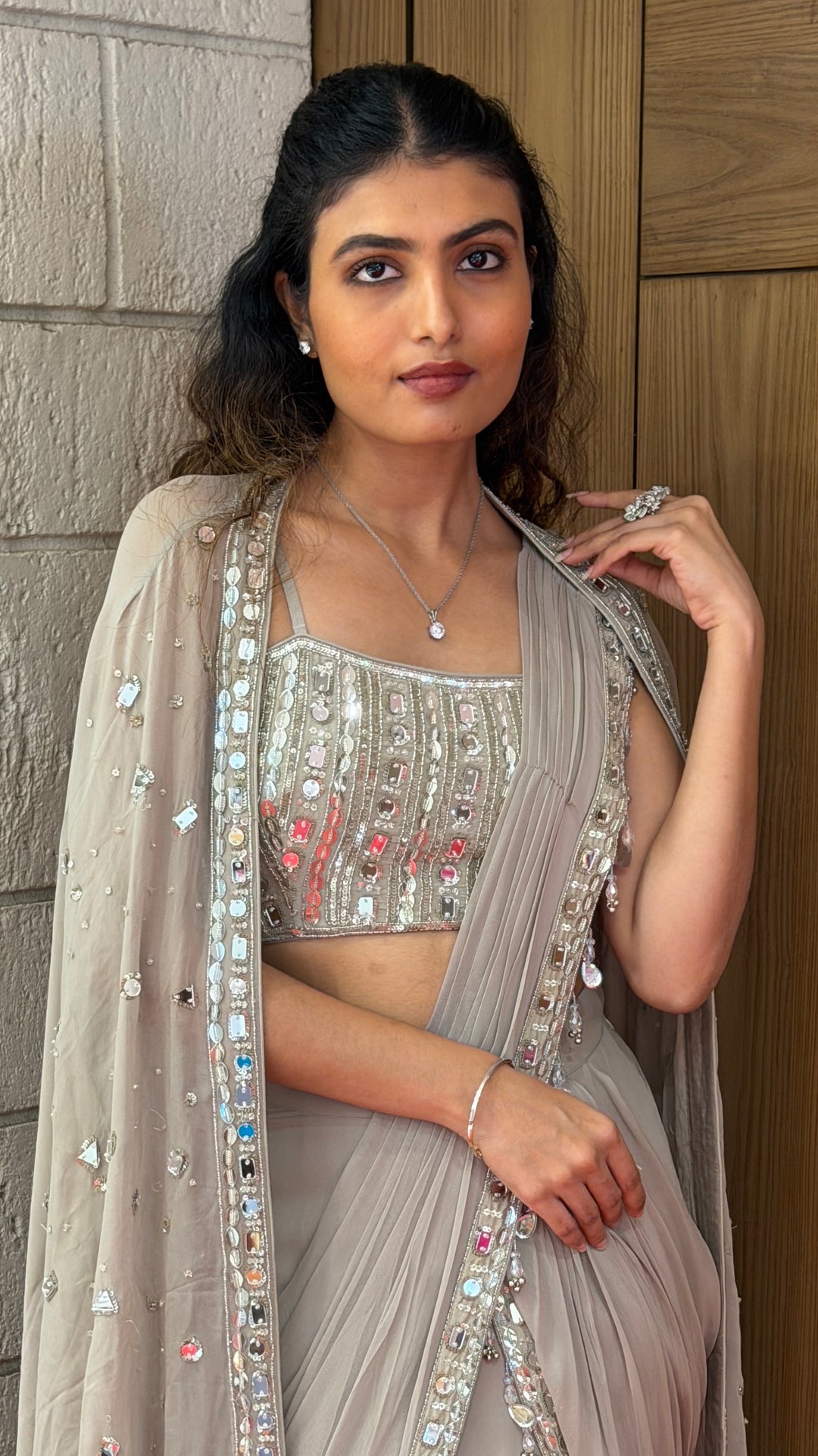 Elegant Grey Pre-Draped Designer Saree with Mirror Work Blouse & Cape Dupatta