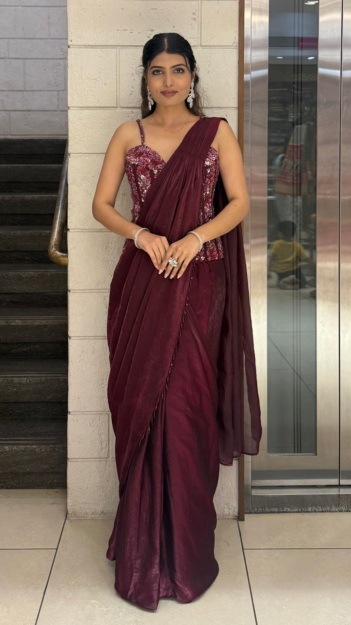 Maroon READY TO WEAR Pre-Draped Saree with Sequin-Embroidered Strappy Blouse