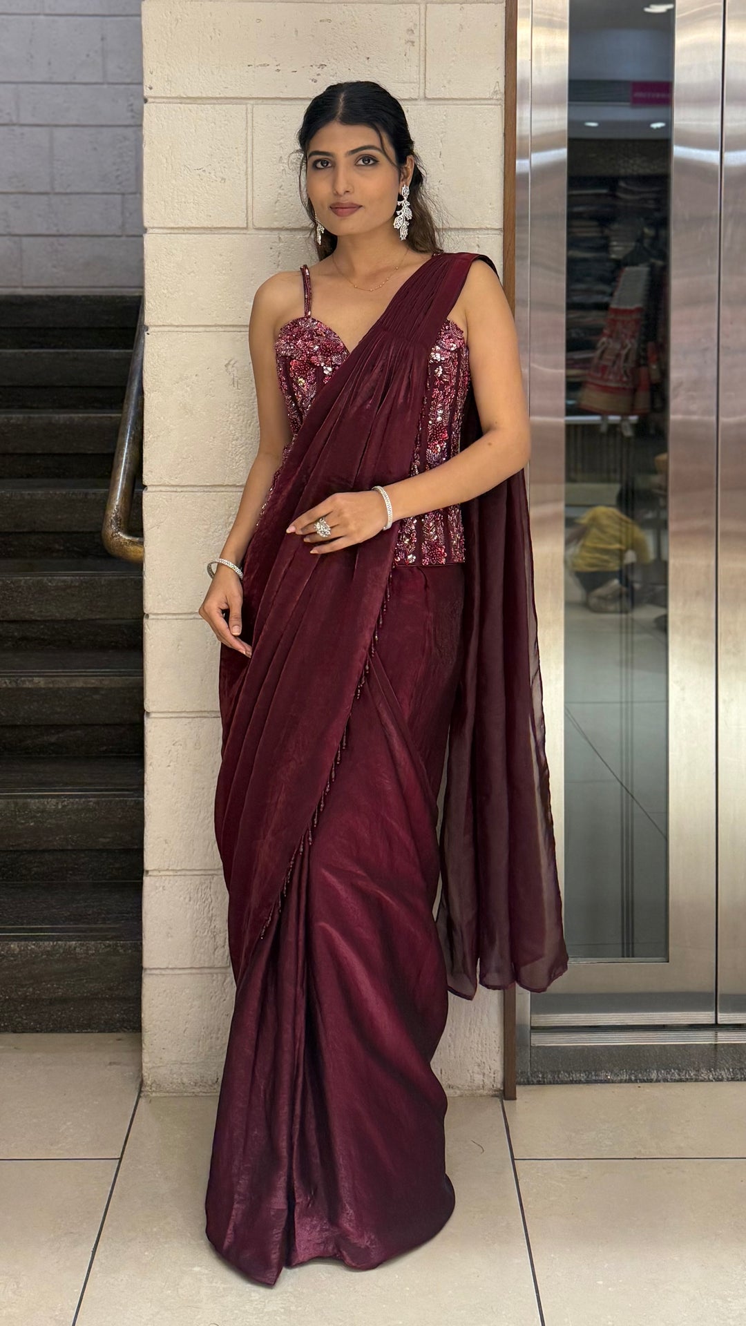 Maroon READY TO WEAR Pre-Draped Saree with Sequin-Embroidered Strappy Blouse