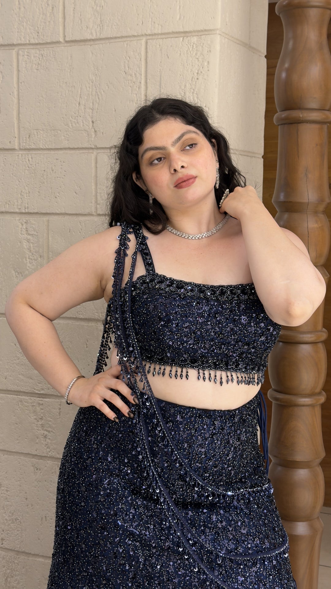 Midnight Navy Blue Designer Sequins Lehenga Choli Set with Beaded Tassel Detailing