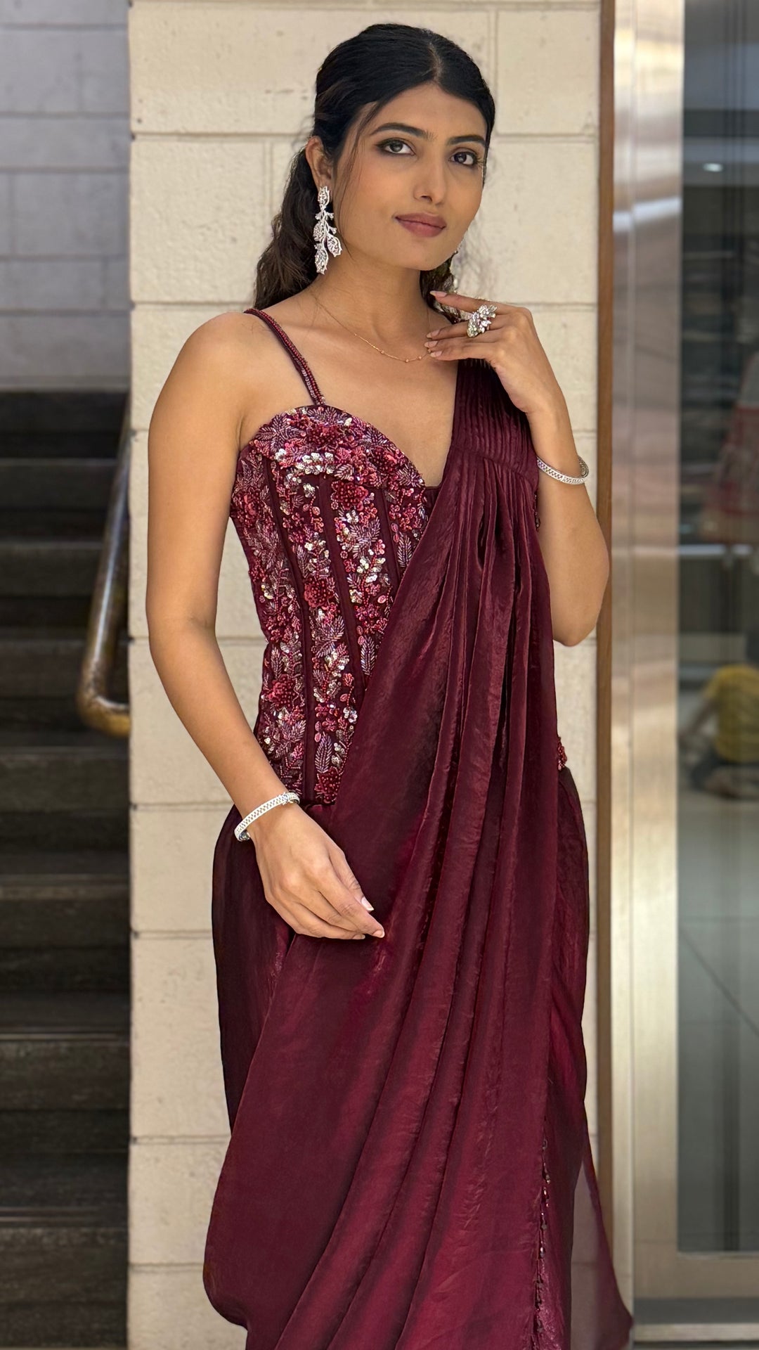 Maroon READY TO WEAR Pre-Draped Saree with Sequin-Embroidered Strappy Blouse