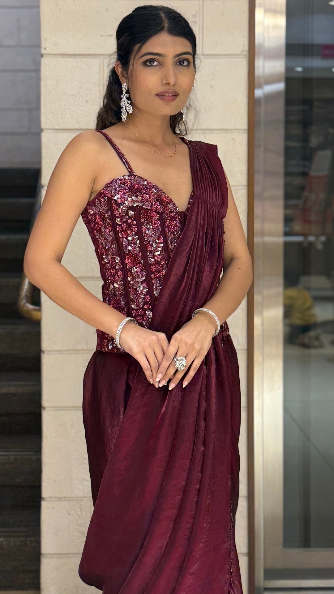 Maroon READY TO WEAR Pre-Draped Saree with Sequin-Embroidered Strappy Blouse