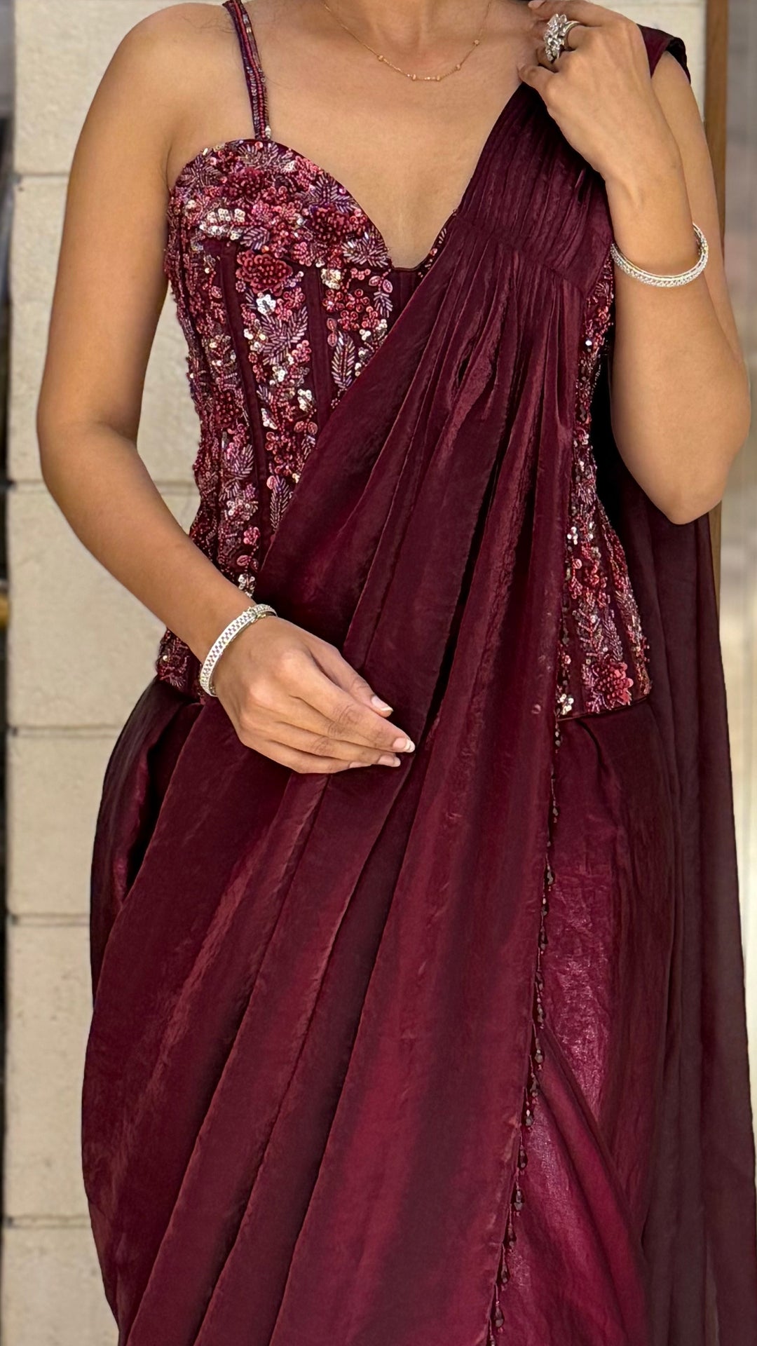 Maroon READY TO WEAR Pre-Draped Saree with Sequin-Embroidered Strappy Blouse