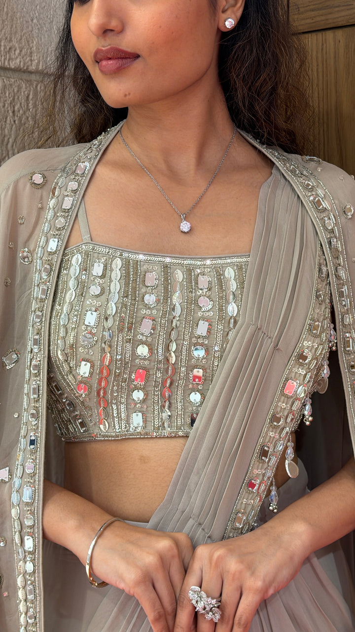 Elegant Grey Pre-Draped Designer Saree with Mirror Work Blouse & Cape Dupatta