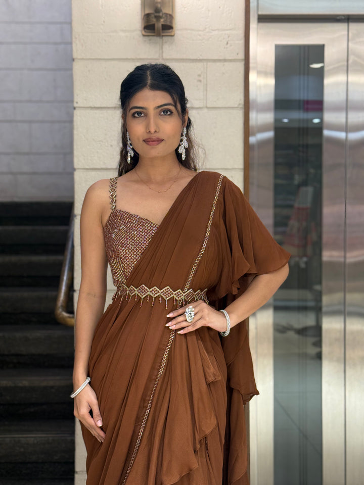 Mocha Brown Ruffle READY TO WEAR Saree with Embellished Blouse & Belt