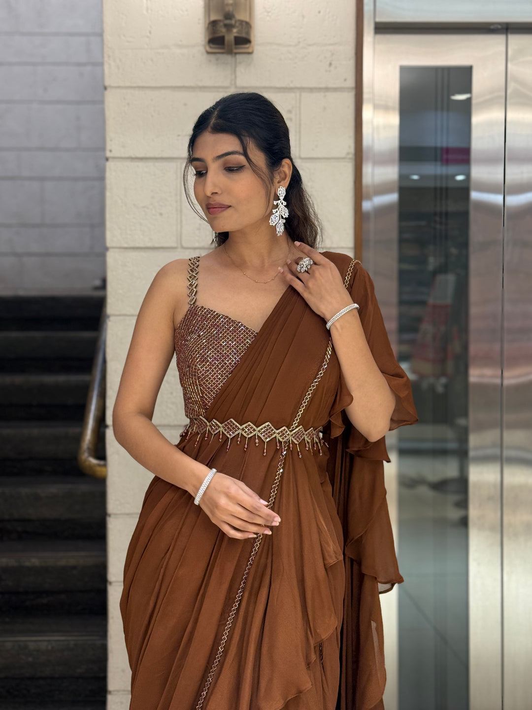 Mocha Brown Ruffle READY TO WEAR Saree with Embellished Blouse & Belt