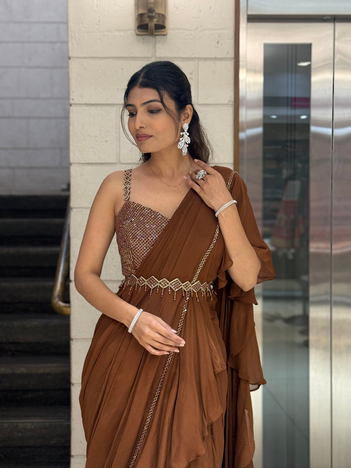 Mocha Brown Ruffle READY TO WEAR Saree with Embellished Blouse & Belt