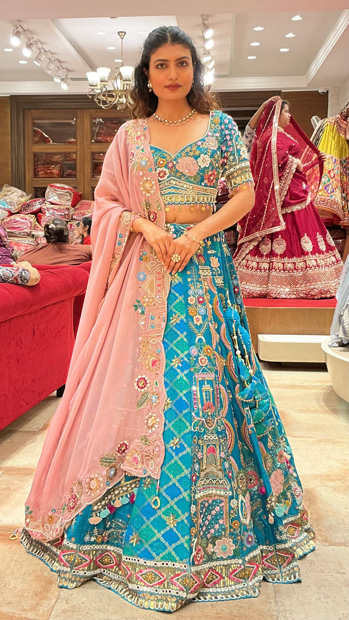 Turquoise Blue Heritage Embroidered Bridal Lehenga Set