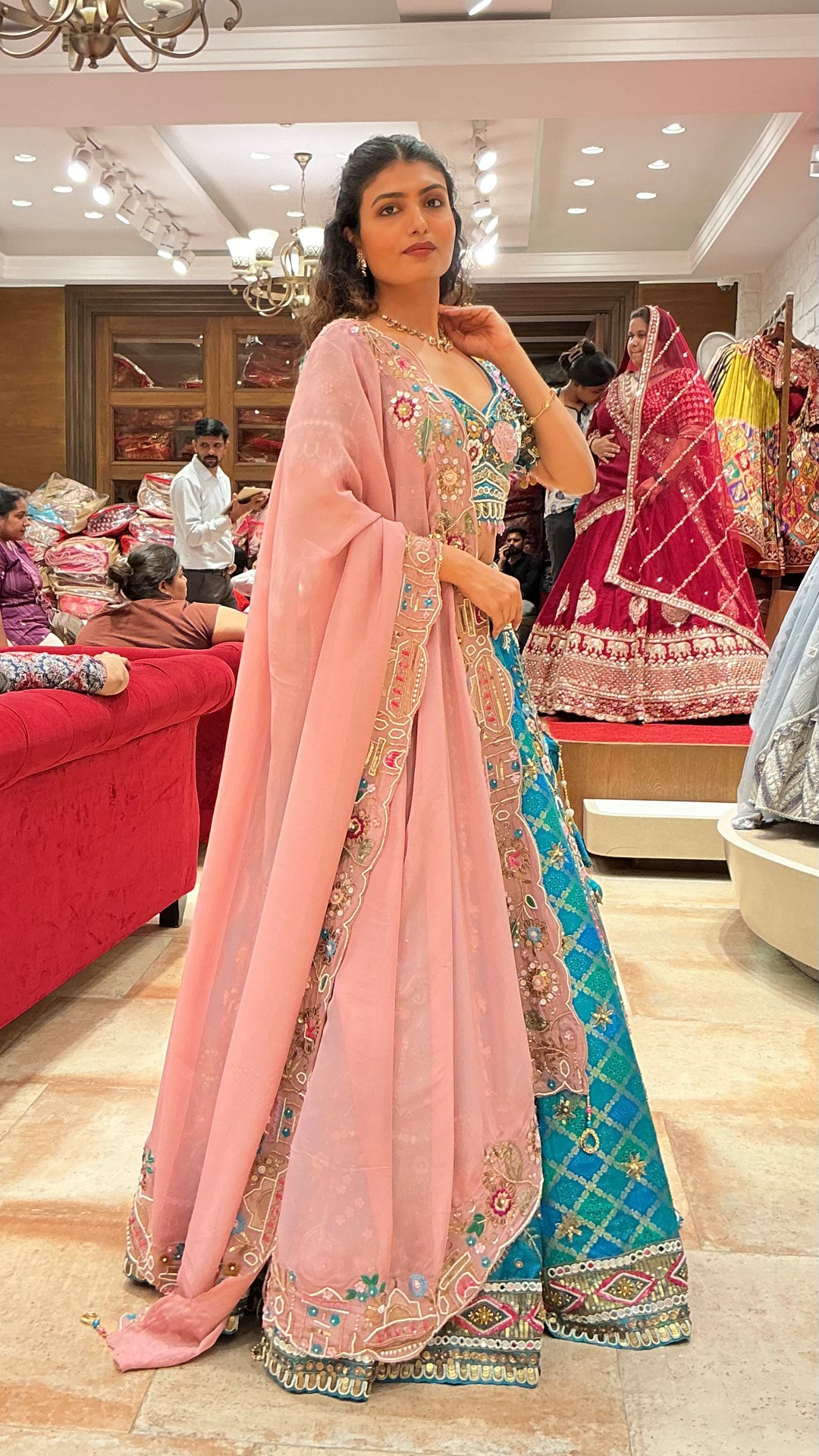 Luxury Turquoise Blue Bridal Lehenga Set with Floral Embroidery & Pink Dupatta