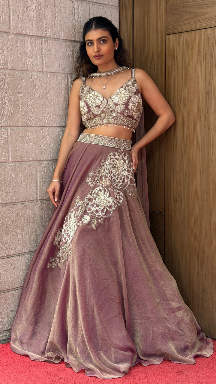 Dusty Mauve Designer Lehenga Set with Floral Embroidery & Elegant Cape Dupatta