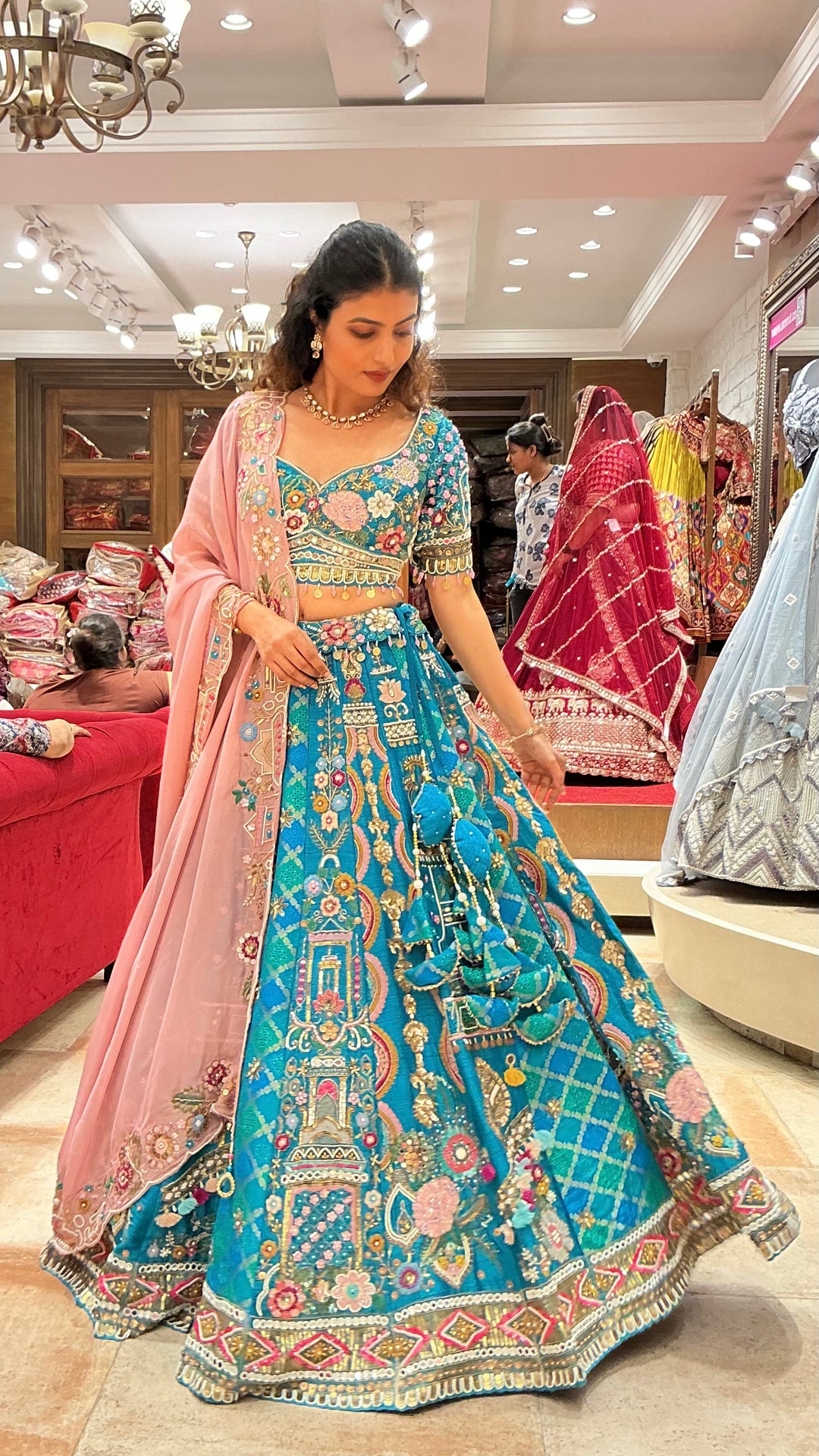 Luxury Turquoise Blue Bridal Lehenga Set with Floral Embroidery & Pink Dupatta