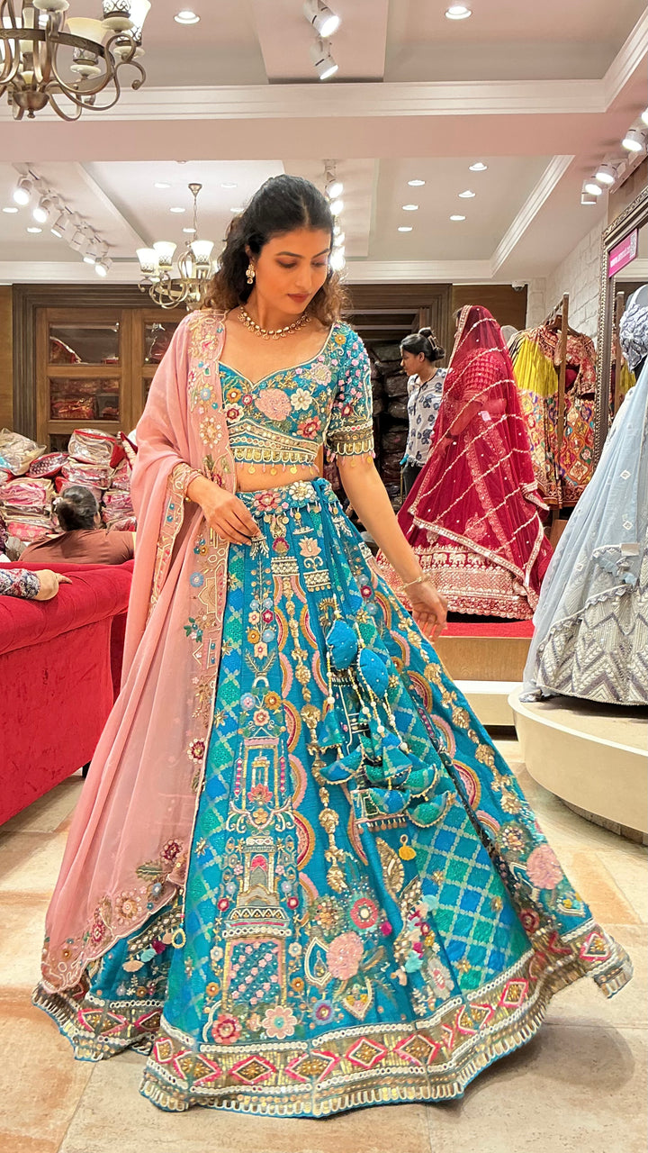 Turquoise Blue Heritage Embroidered Bridal Lehenga Set