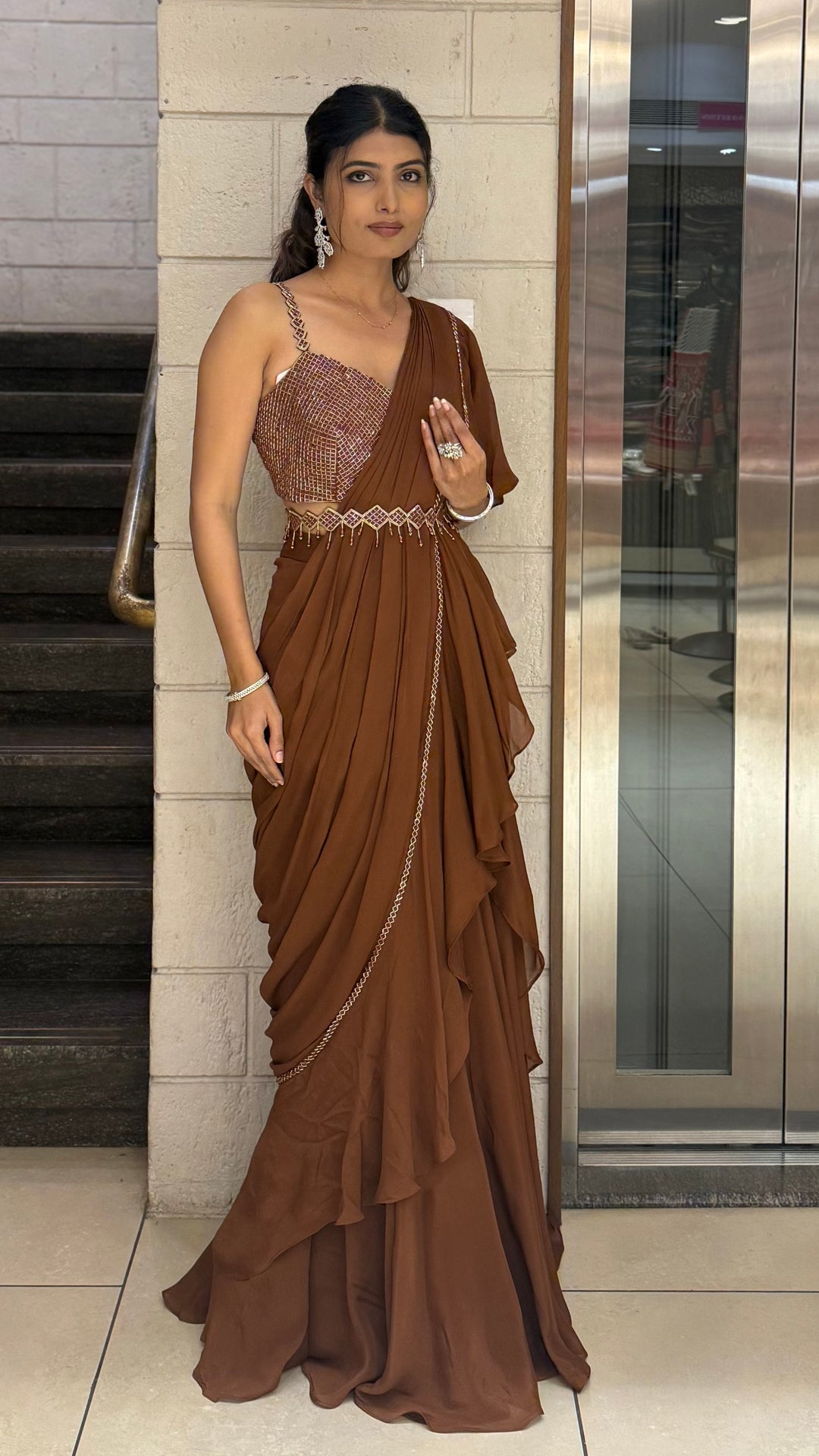Mocha Brown Ruffle READY TO WEAR Saree with Embellished Blouse & Belt