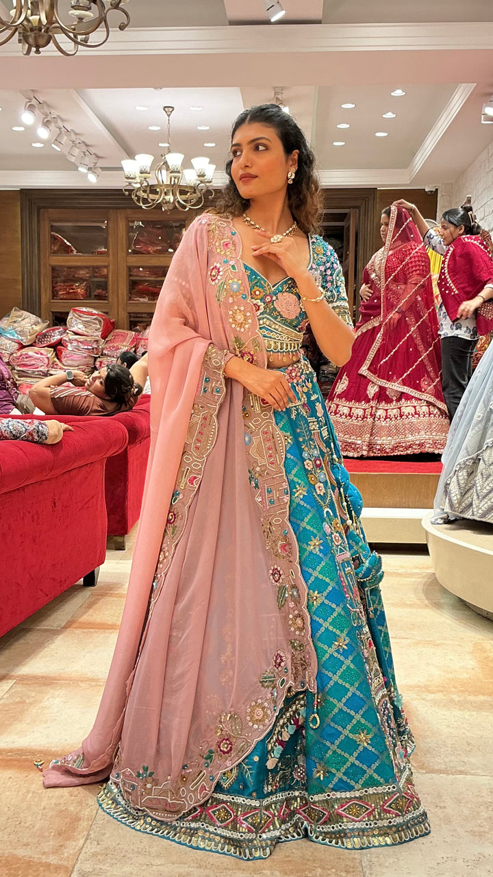 Luxury Turquoise Blue Bridal Lehenga Set with Floral Embroidery & Pink Dupatta