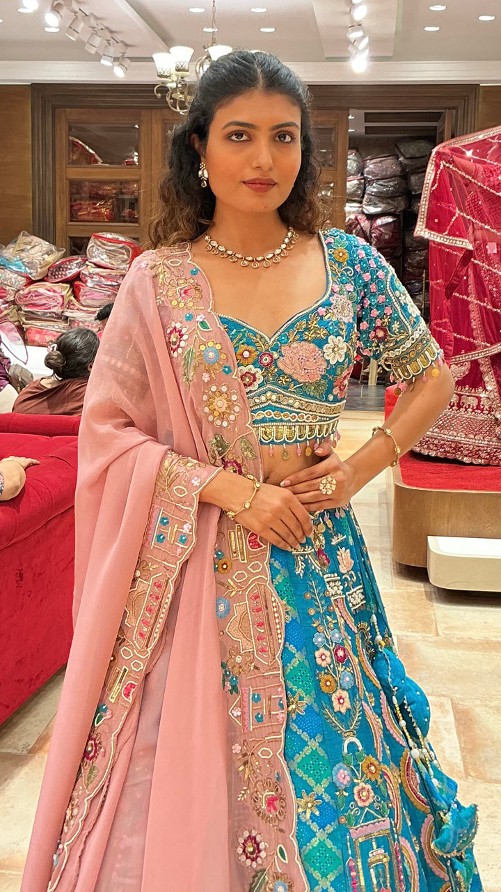 Turquoise Blue Heritage Embroidered Bridal Lehenga Set