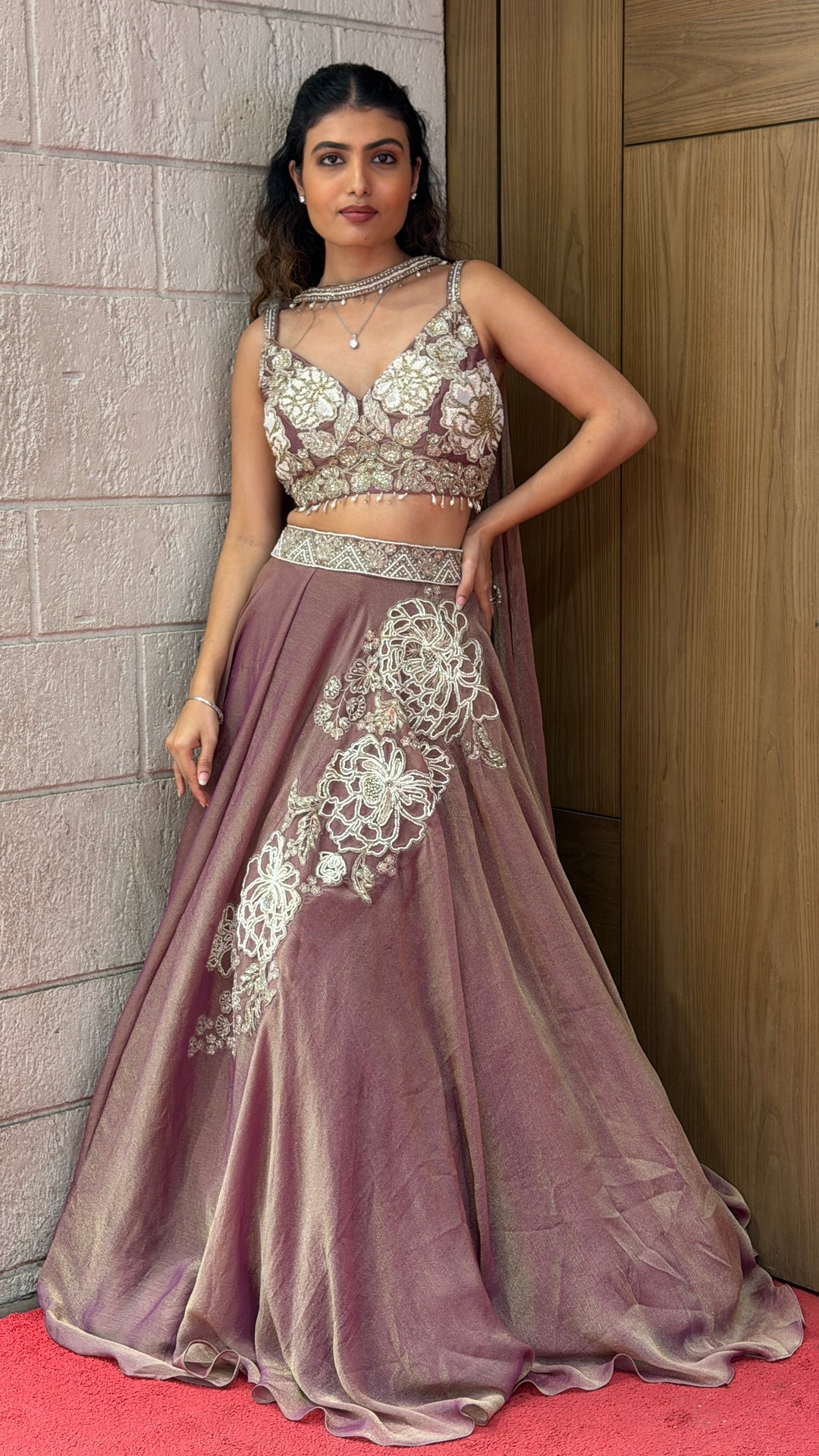 Dusty Mauve Designer Lehenga Set with Floral Embroidery & Elegant Cape Dupatta