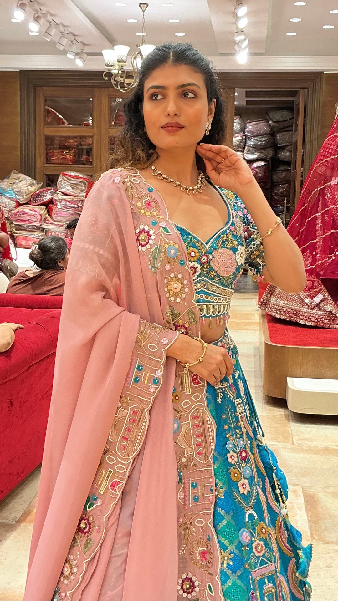 Turquoise Blue Heritage Embroidered Bridal Lehenga Set